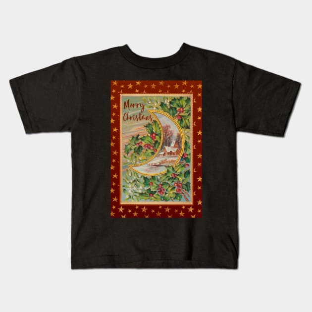 Vintage Christmas Scene With Holly and Mistletoe Kids T-Shirt by sarahwainwright